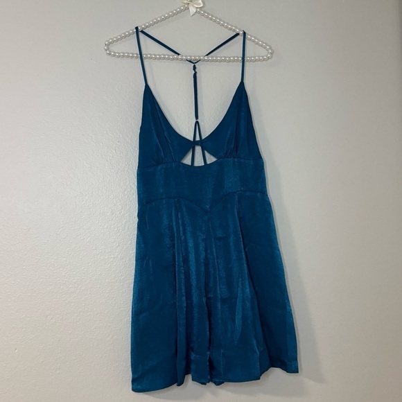 Free People Women Blue Good Catch Mini Slip Dress Satin Cut Out - Picture 8 of 11